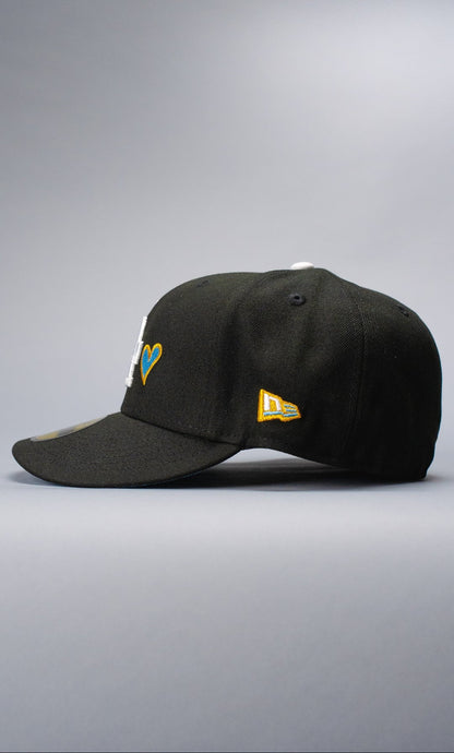 NEW ERA EXCLUSIVE 59FIFTY BLACK LOS ANGELES DODGERS W/ HEART + 100TH ANNIVERSARY SIDE PATCH