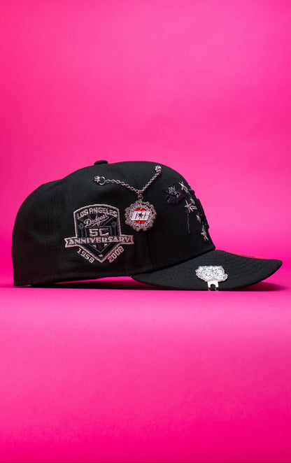 NEW ERA EXCLUSIVE 59FIFTY BLACK LOS ANGELES DODGERS W/ EMBROIDERY + 50TH ANNIVERSARY SIDE PATCH