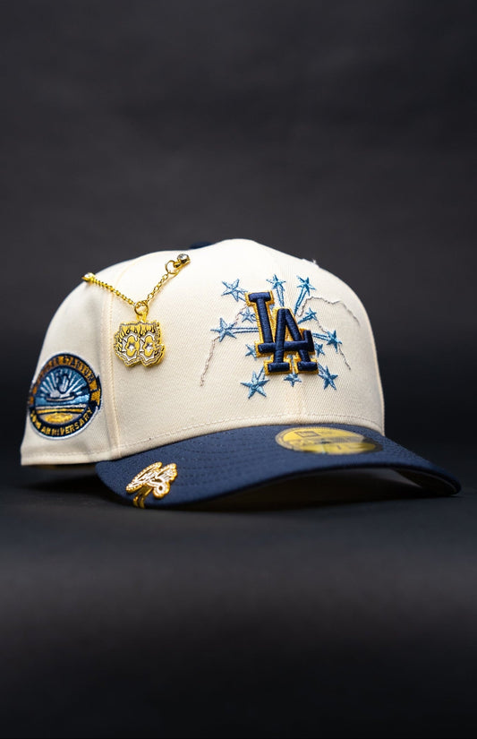 NEW ERA EXCLUSIVE 59FIFTY CHROME/NAVY LOS ANGELES DODGERS W/ EMBROIDERY + 50TH ANNIVERSARY SIDE PATCH