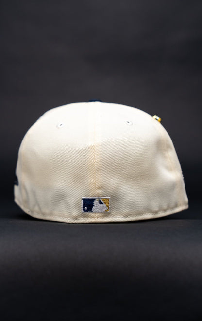 NEW ERA EXCLUSIVE 59FIFTY CHROME/NAVY LOS ANGELES DODGERS W/ EMBROIDERY + 50TH ANNIVERSARY SIDE PATCH