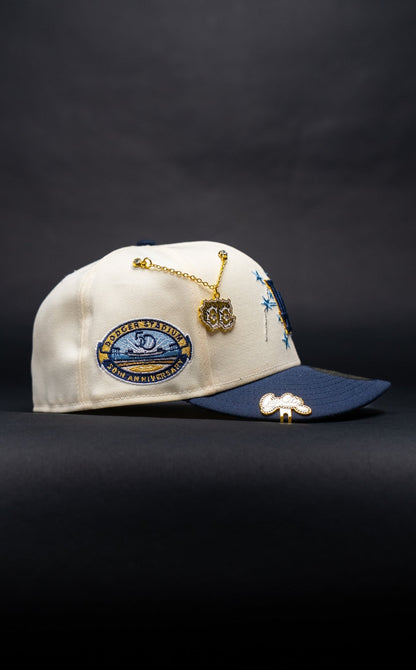 NEW ERA EXCLUSIVE 59FIFTY CHROME/NAVY LOS ANGELES DODGERS W/ EMBROIDERY + 50TH ANNIVERSARY SIDE PATCH