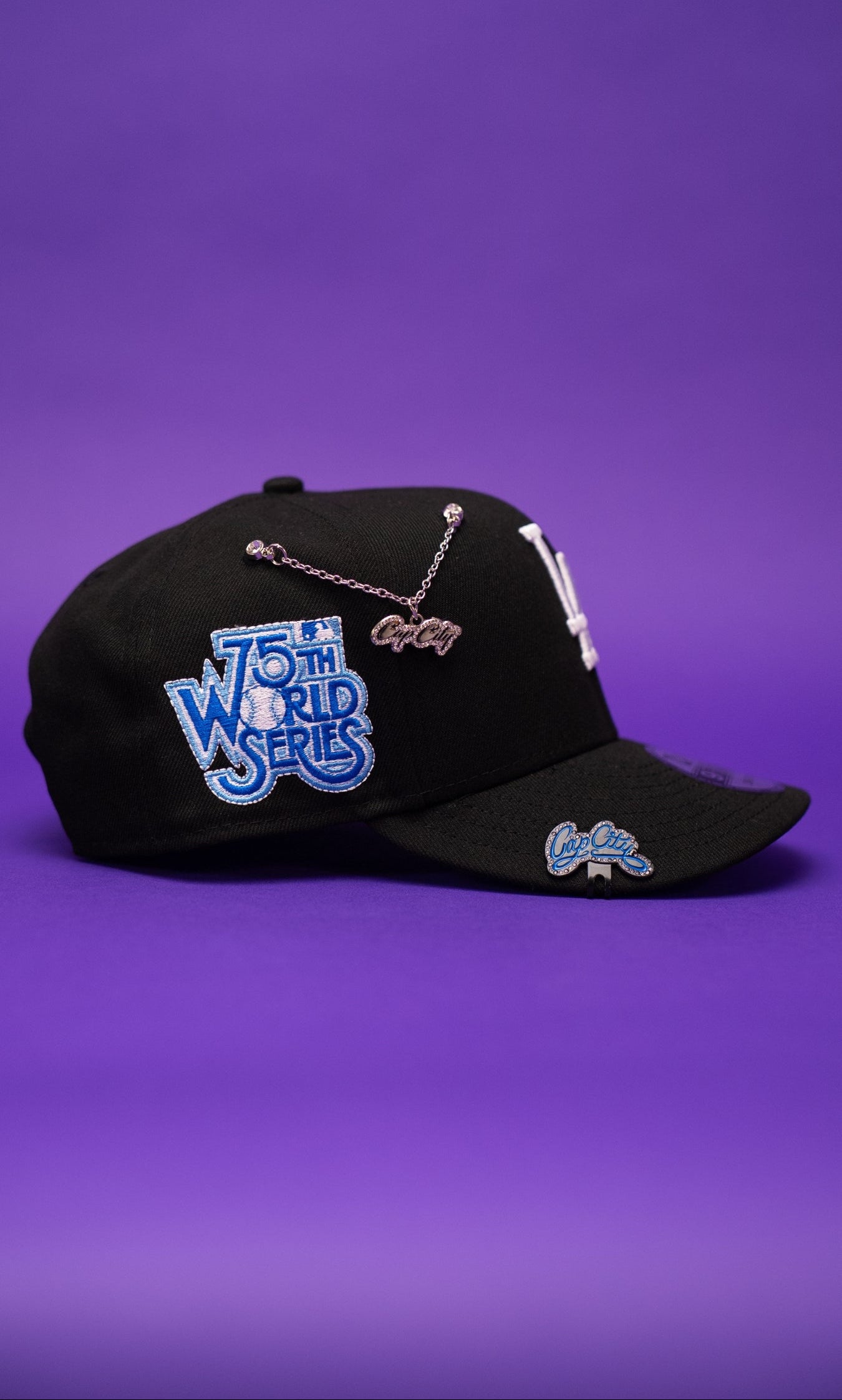 NEW ERA EXCLUSIVE 9FIFTY BLACK LOS ANGELES DODGERS SNAPBACK W/ BLUE ROSE + 75TH WORLD SERIES SIDE PATCH