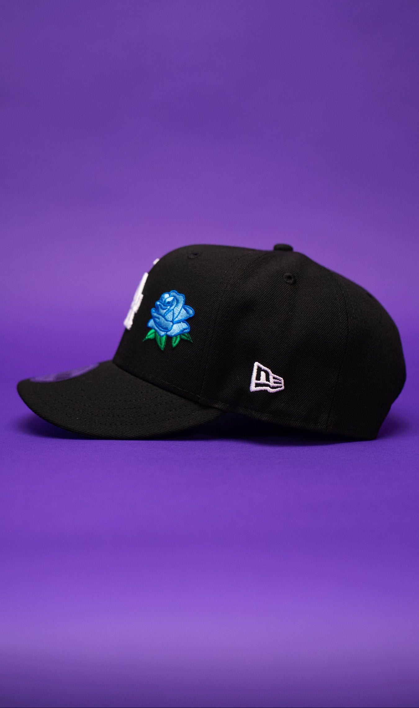 NEW ERA EXCLUSIVE 9FIFTY BLACK LOS ANGELES DODGERS SNAPBACK W/ BLUE ROSE + 75TH WORLD SERIES SIDE PATCH