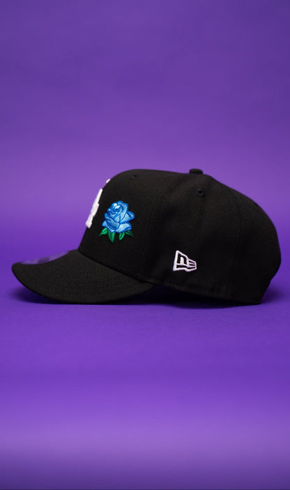 NEW ERA EXCLUSIVE 9FIFTY BLACK LOS ANGELES DODGERS SNAPBACK W/ BLUE ROSE + 75TH WORLD SERIES SIDE PATCH