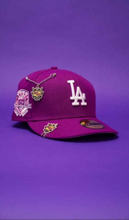 NEW ERA EXCLUSIVE 59FIFTY PURPLE LOS ANGELES DODGERS W/ 50TH ANNIVERSARY SIDE PATCH