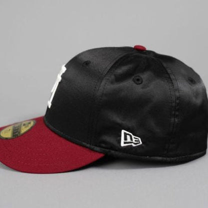 NEW ERA EXCLUSIVE 59FIFTY BLACK SATIN/ BURGUNDY UPSIDE DOWN LOS ANGELES DODGERS W/ 40TH ANNIVERSARY SIDE PATCH