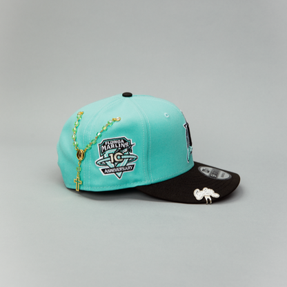 NEW ERA EXCLUSIVE 9FIFTY TEAL/ BLACK FLORIDA MARLINS SNAPBACK W/ 10TH ANNIVERSARY SIDE PATCH