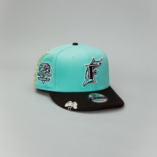 NEW ERA EXCLUSIVE 9FIFTY TEAL/ BLACK FLORIDA MARLINS SNAPBACK W/ 10TH ANNIVERSARY SIDE PATCH