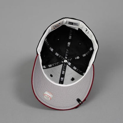 NEW ERA EXCLUSIVE 59FIFTY BLACK SATIN/ BURGUNDY UPSIDE DOWN LOS ANGELES DODGERS W/ 40TH ANNIVERSARY SIDE PATCH