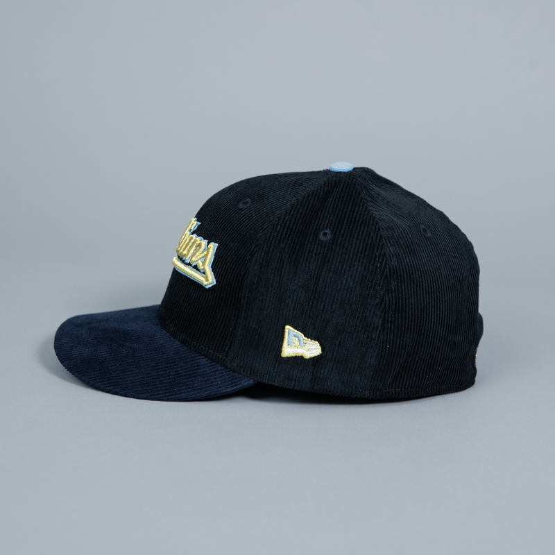 NEW ERA EXCLUSIVE 59FIFTY BLACK/ NAVY CORDUROY CLEVELAND GUARDIANS SCRIPT W/ GUARDIANS LOGO SIDE PATCH