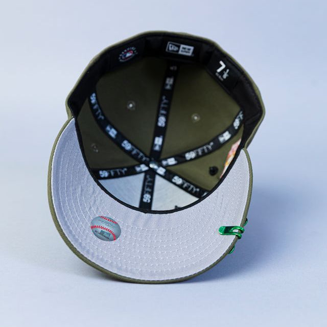 NEW ERA EXCLUSIVE 59FIFTY OLIVE LOS ANGELES DODGERS "1958 MLB SCRIPT" W/ DODGER STADIUM SIDE PATCH