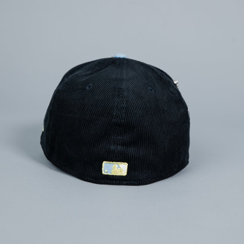 NEW ERA EXCLUSIVE 59FIFTY BLACK/ NAVY CORDUROY CLEVELAND GUARDIANS SCRIPT W/ GUARDIANS LOGO SIDE PATCH