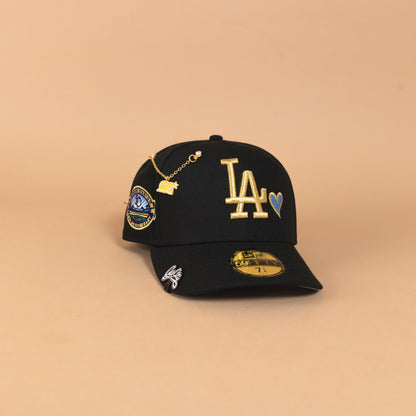 NEW ERA EXCLUSIVE 59FIFTY BLACK LOS ANGELES DODGERS W/ ICY HEART + 50TH ANNIVERSARY SIDE PATCH