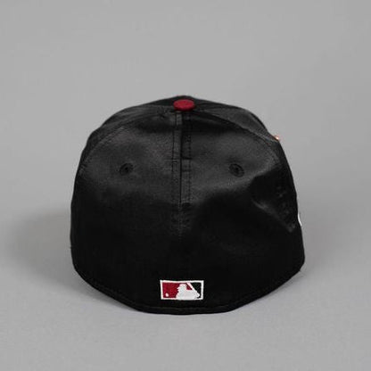 NEW ERA EXCLUSIVE 59FIFTY BLACK SATIN/ BURGUNDY UPSIDE DOWN LOS ANGELES DODGERS W/ 40TH ANNIVERSARY SIDE PATCH
