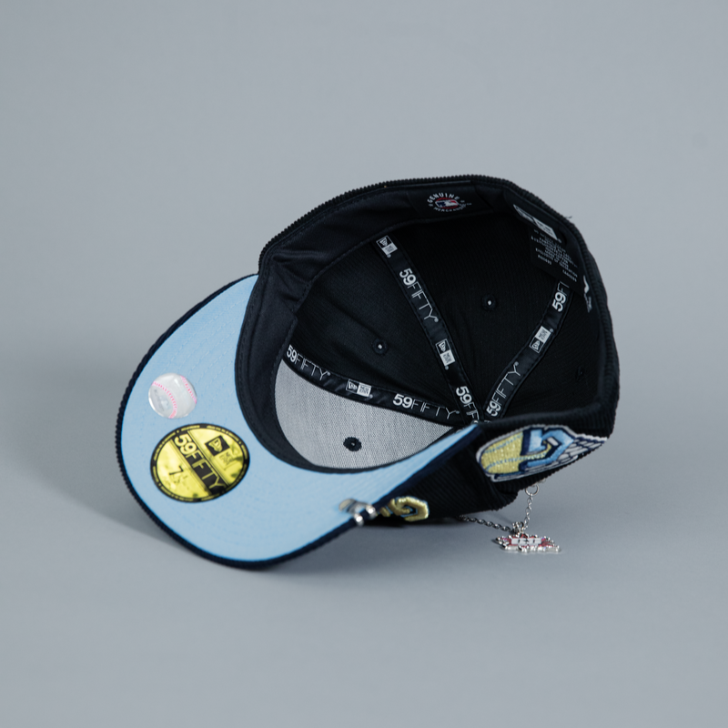 NEW ERA EXCLUSIVE 59FIFTY BLACK/ NAVY CORDUROY CLEVELAND GUARDIANS SCRIPT W/ GUARDIANS LOGO SIDE PATCH
